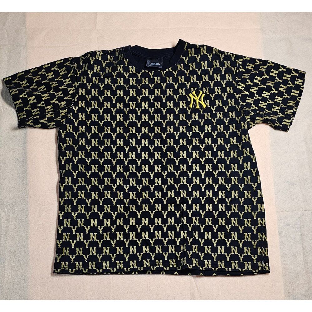 MLB New York Yankees Monogram All Over Print T Shirt Black Gold Glitter Size M
